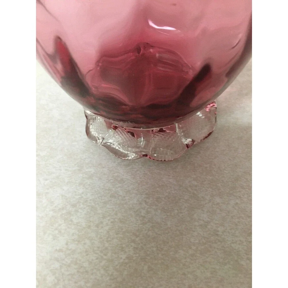 VINTAGE  CRANBERRY GLASS CLEAR PETAL FEET TULIP SHAPE RUFFLED NECK  VASE 4